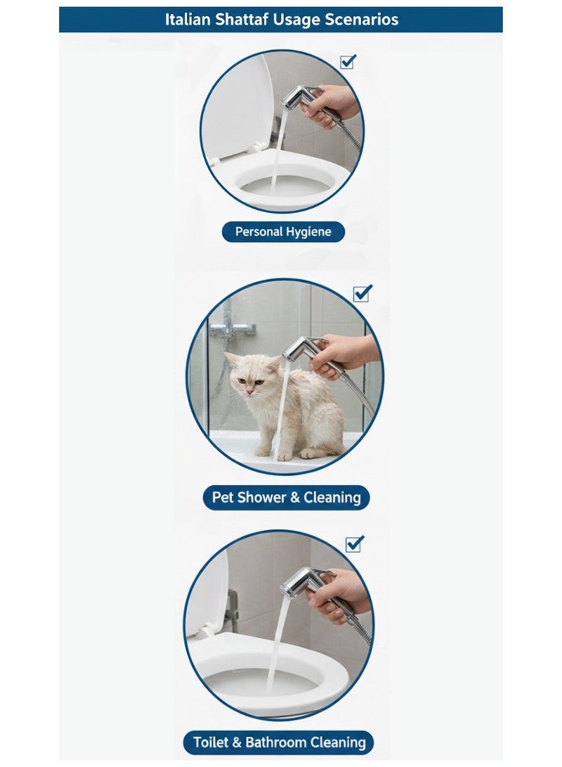 إيطاليان شٹاف بائیڈٹ سپرےر سیٹ – کروم فنش ہینڈ ہیلڈ سپرےر 120 سینٹی میٹر سٹینلیس سٹیل کی لچکدار نلی کے ساتھ، بائیڈٹ شٹاف سیٹ، ہینڈ ہیلڈ ٹوائلٹ سپرےر سایڈست پریشر کے ساتھ، ذاتی حفظان صحت اور صفائی کے لیے وال ماؤنٹ، مسلم شاور بائیڈٹ سپرے سیٹ - Image 5